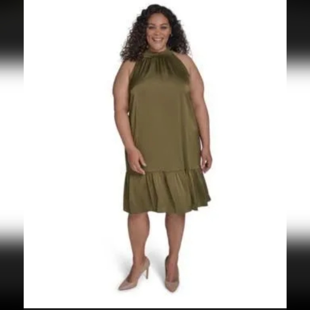 NWT Vince Camuto Satin Ruffle A Line Cocktail Dress Olive Green Size 20W
